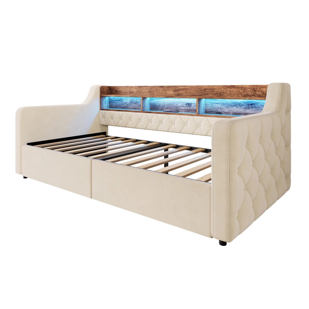 Letto imbottito beige 90 x 190 cm con LED, ripiani e 2 cassetti