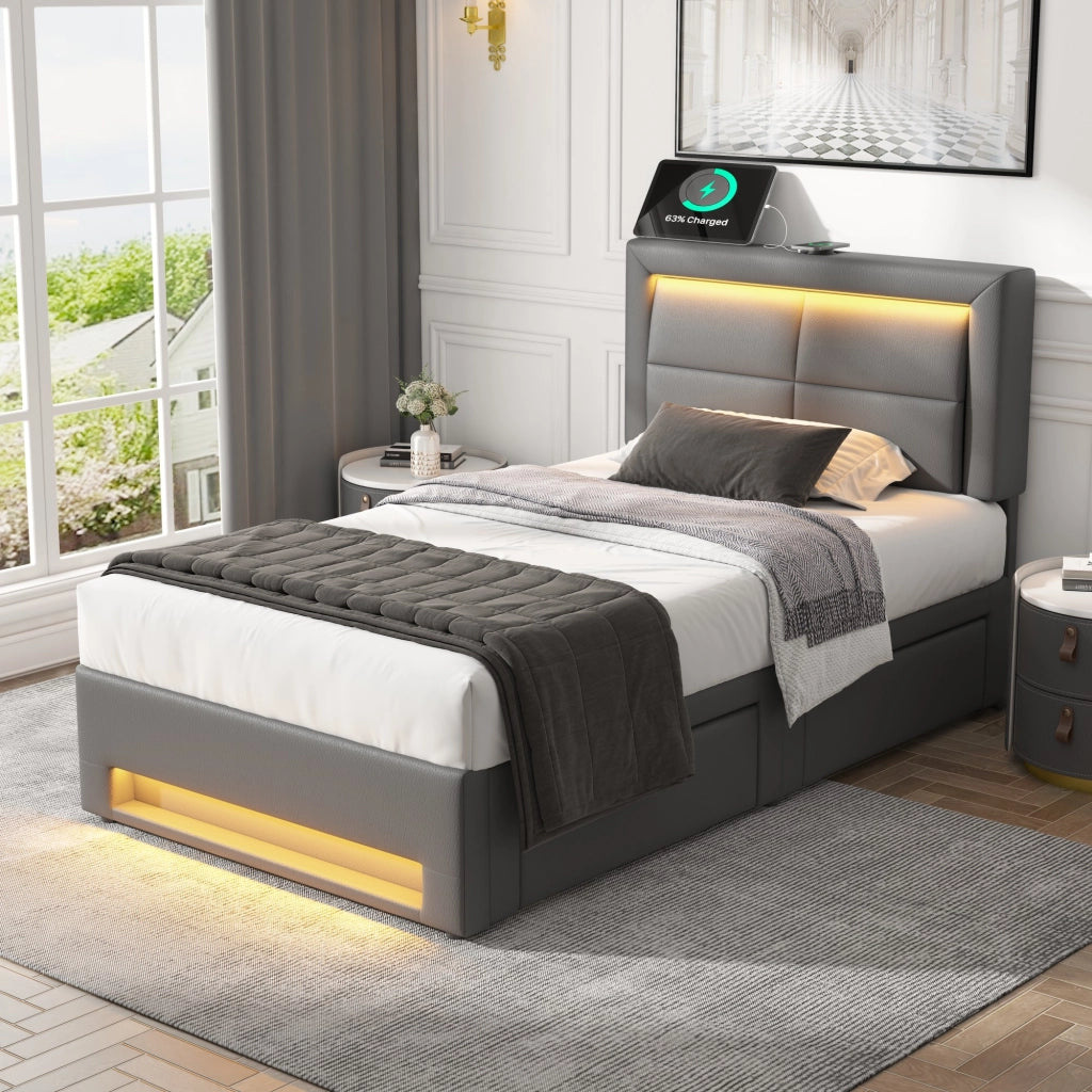 Letto imbottito con USB, LED e 4 cassetti, 90x200 cm, grigio