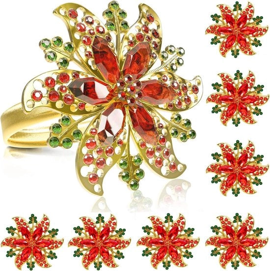 Pacco di 8 serviette per tavola natalizia, Fiori di Natale in oro per servire, Servethouder per tavola natalizia con pietre di strass per Natale, Thanksgiving, Festa, Vacanza, Matrimonio, Decorazione della tavola (4 x 4)