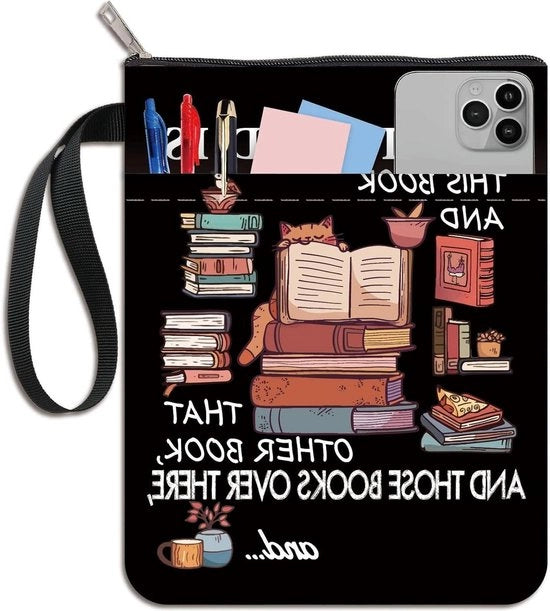 Casa dei libri - Copertina nera con disegno di libro - Scatola per libri con gatto - Asciugamano in tessuto lavabile - Cerniera e tasca aggiuntiva - Regalo per appassionati di libri