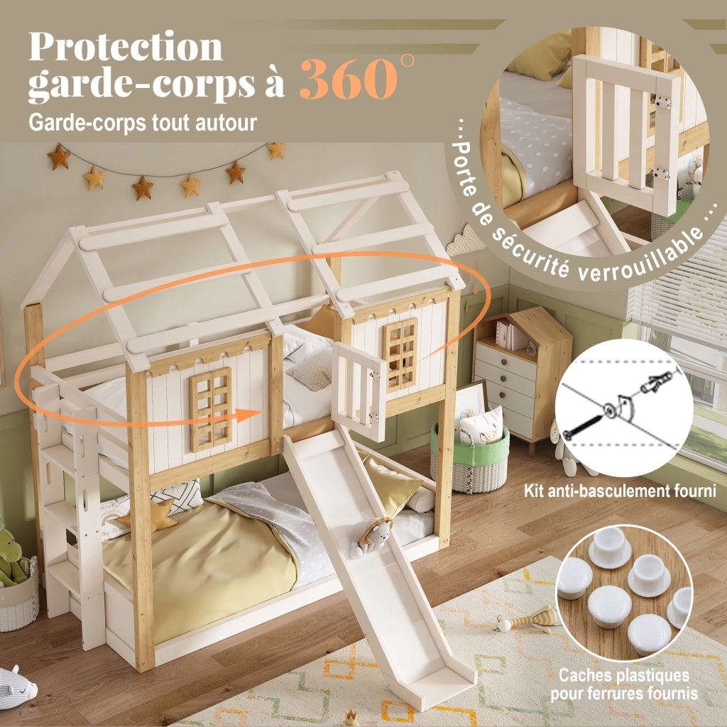 Letto a castello a casetta per bambini 90 x 200 cm; con scivolo; scala flessibile; protezione anticaduta a 360  ; finestra; struttura in legno; bianco