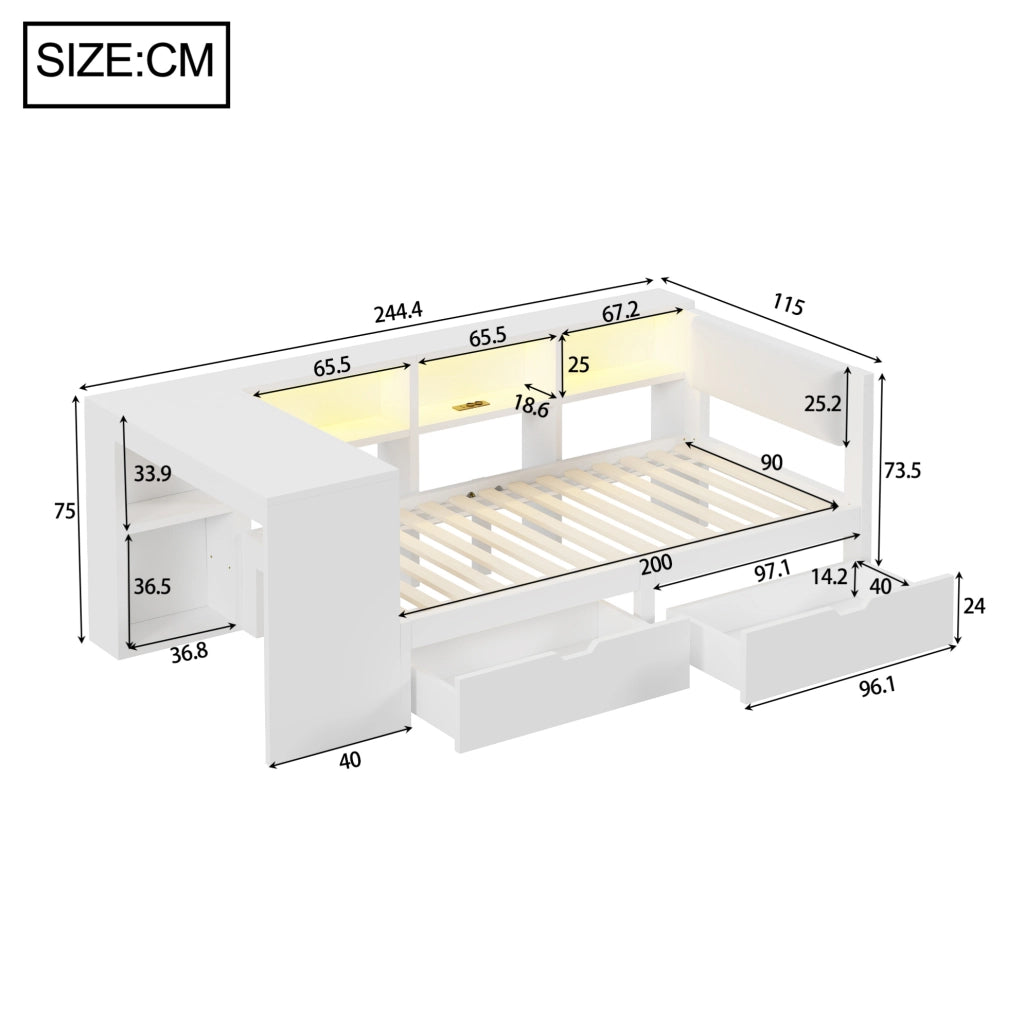 Letto piattaforma 90x200 cm in MDF bianco con contenitore, senza materasso