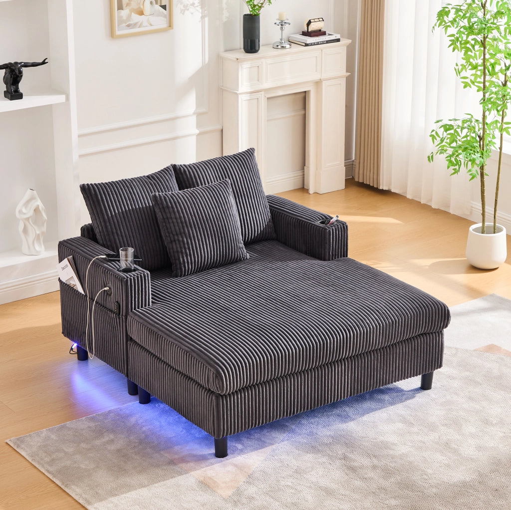 Poltrona Relax Oversize in Velluto con Luci LED, Porta USB e Portabevande, 142x128x85 cm, Carico 350 kg