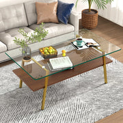 Tavolino basso fisso in vetro temperato con base in MDF e gambe in metallo oro rosa cipria 98 × 58 × 42.5 cm