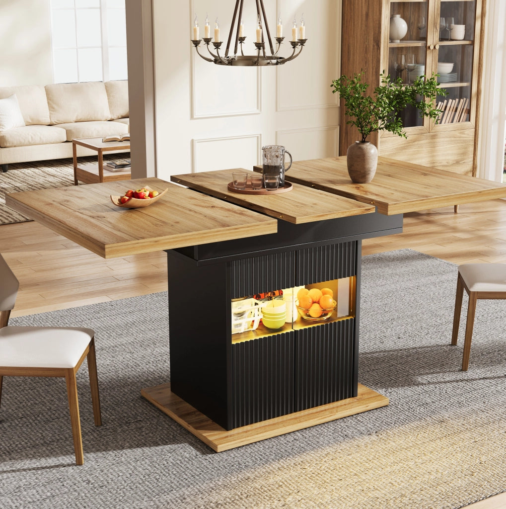 Tavolo da pranzo allungabile con vano portaoggetti e illuminazione LED, 110-140 cm, nero con finitura effetto legno