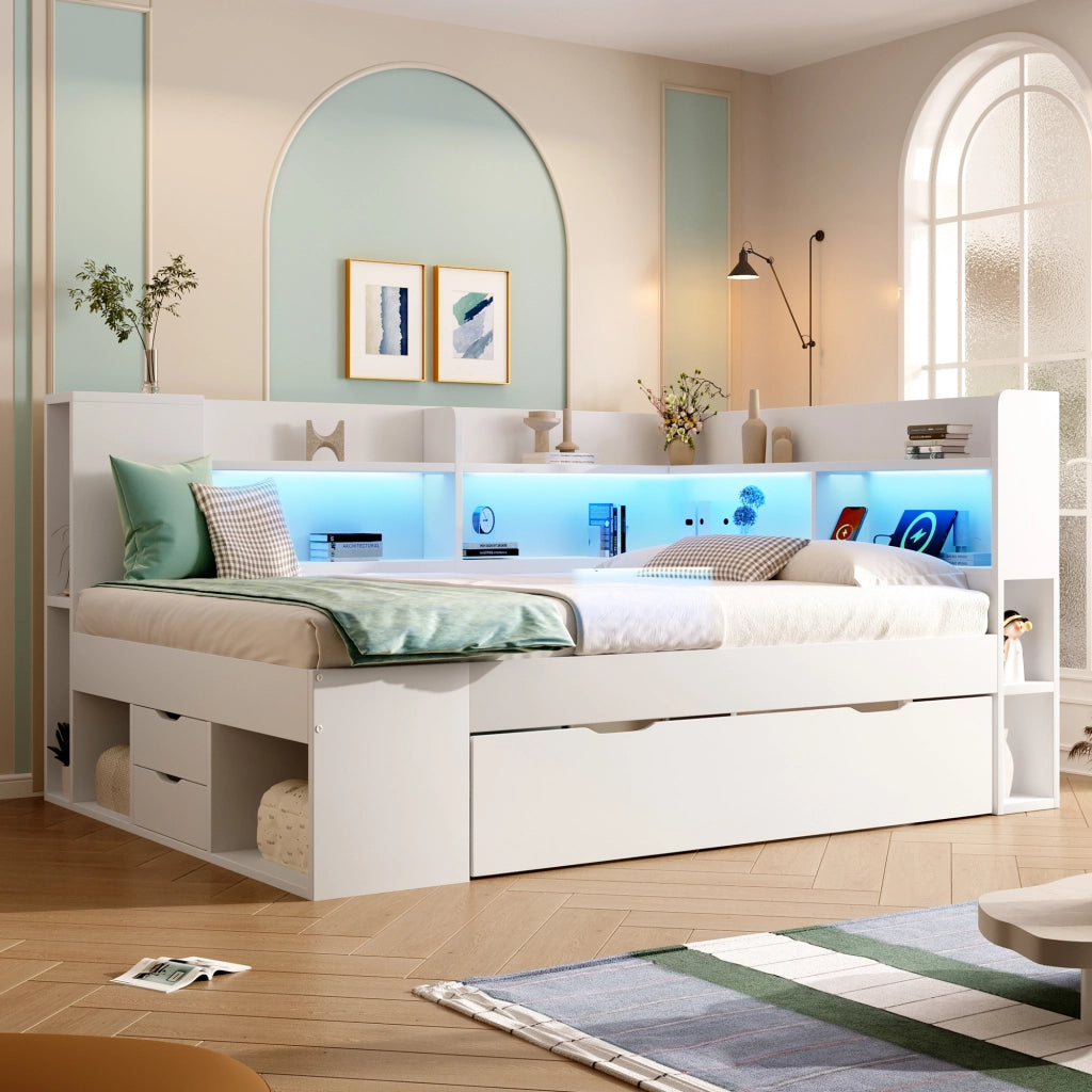 Letto Matrimoniale 140x200 cm Bianco in Legno con Cassetti; Mensole; Prese USB e Illuminazione LED