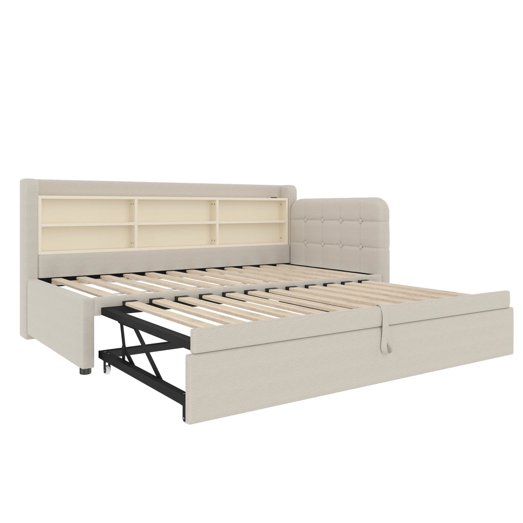 Letto divano 90 × 200 cm estraibile 180 × 200 cm; USB; porta tipo C e mensole; senza materasso; beige