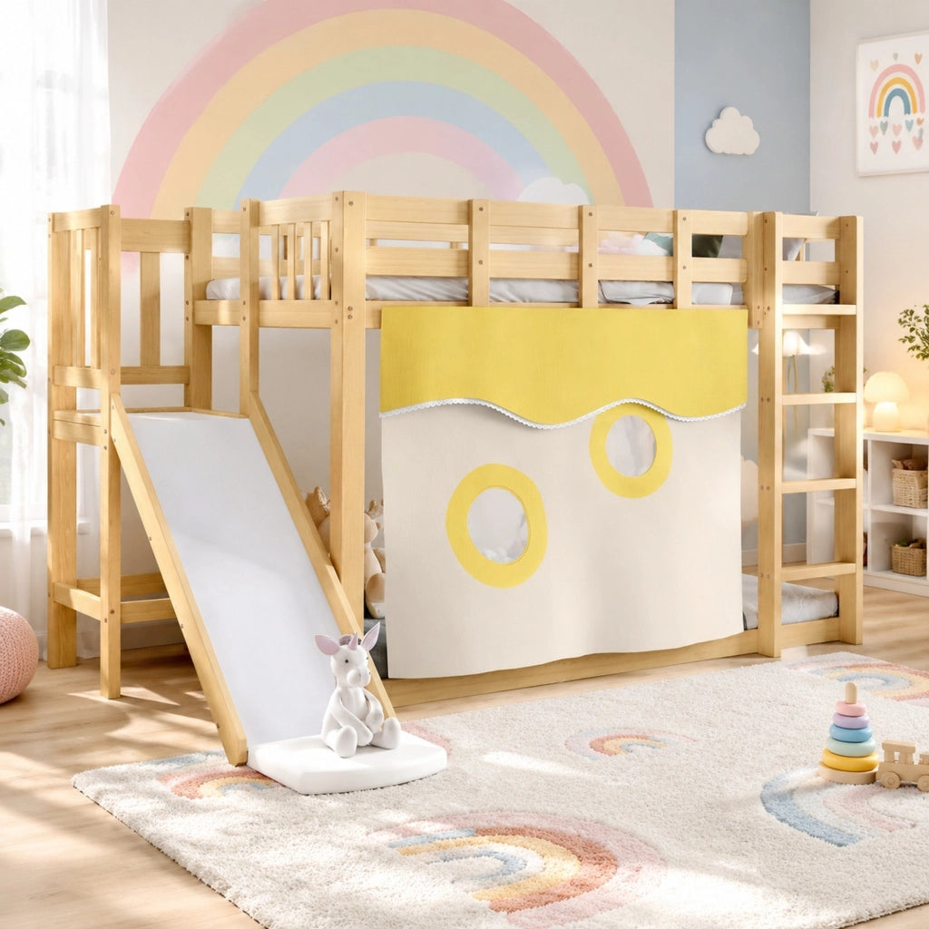 Letto a castello per bambini 90 × 200 cm con scala scivolo tende e protezione anticaduta in legno naturale