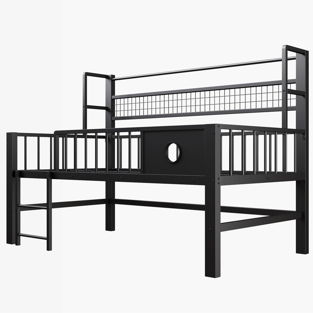 Letto per bambini 90x200 cm con struttura in metallo, soppalco basso con ripiani e appendiabiti, colore nero