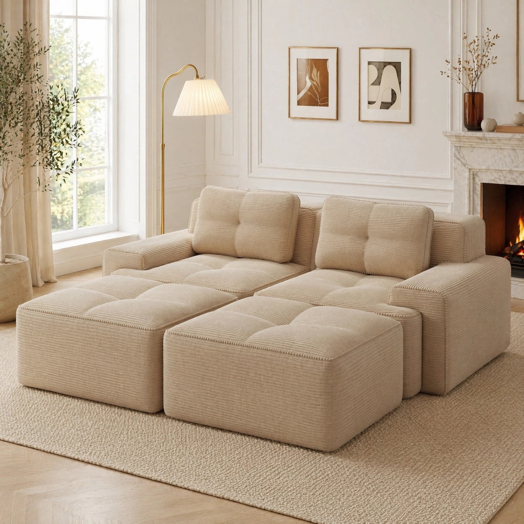 Divano modulare senza montaggio con seduta profonda in velluto a coste beige