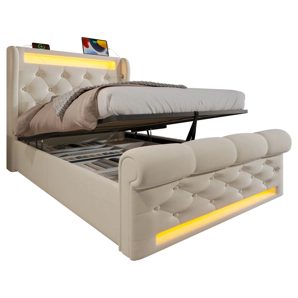 Letto Contenitore Singolo Imbottito 90x200 cm con Sollevamento Idraulico; LED; USB; USB-C; Beige