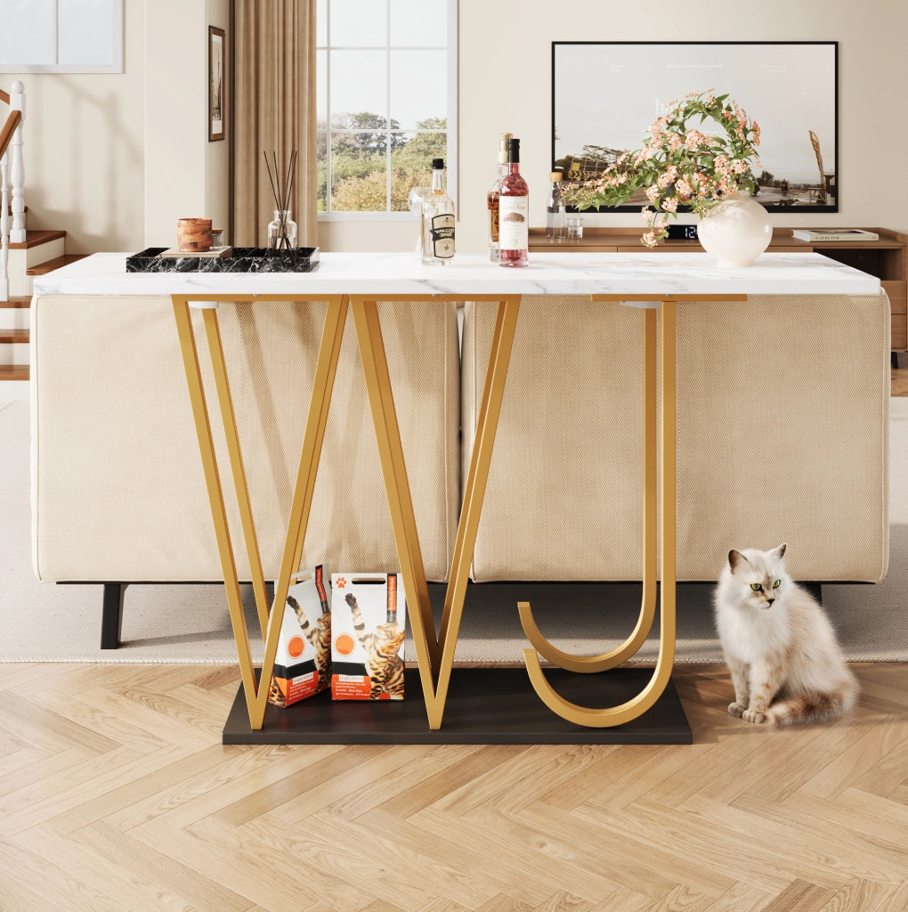 Tavolo da pranzo 120x29,5x80 cm in MDF/metallo bianco, effetto marmo, con ripiano