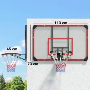 Canestro da Basket con Tabellone e Rete, Montaggio a Parete per Esterni, Acciaio, 113 x 61 x 73 cm, Rosso