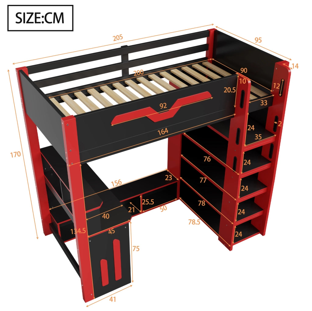 Letto a soppalco in legno 90x200 cm con scrivania, scaffalatura a più livelli, illuminazione LED e scala con contenitore, nero e rosso
