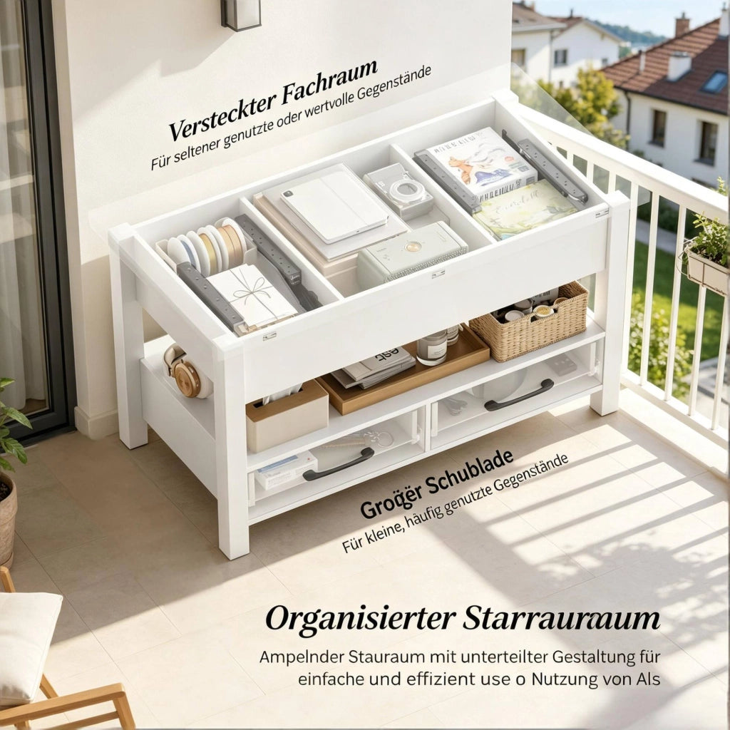 Tavolino da caff¨¨ ULEVR 100x50,5 cm estensibile con piano sollevabile, 2 cassetti e vano aperto, bianco