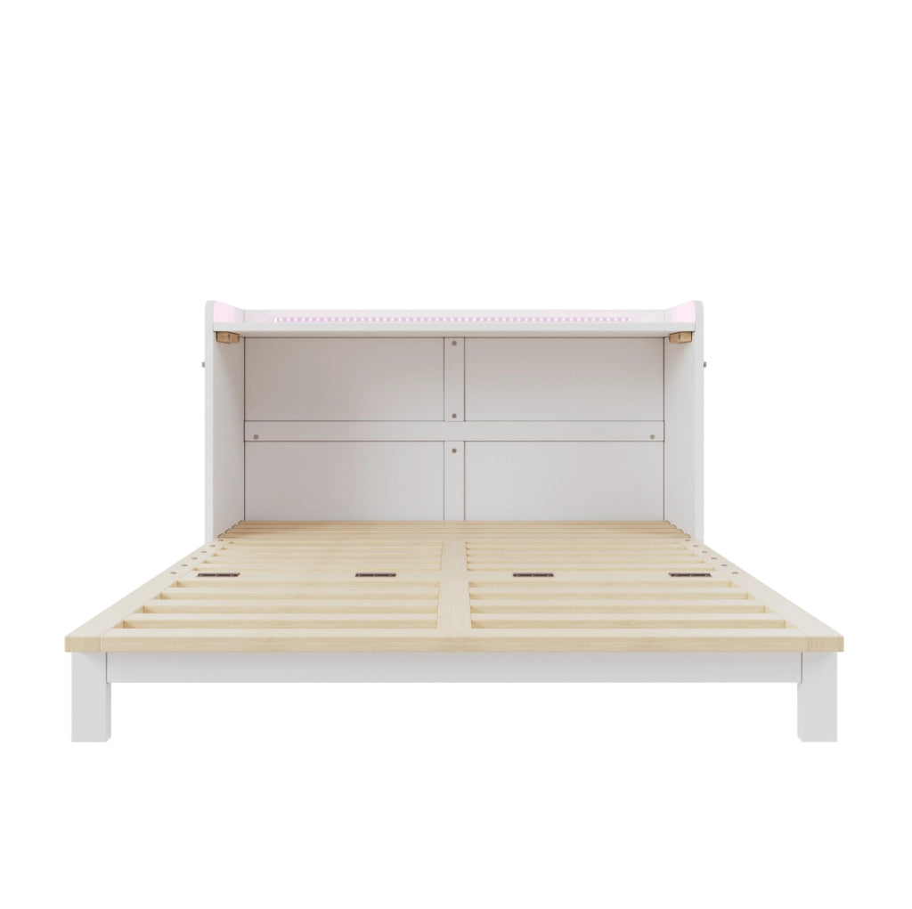 Letto a scomparsa bianco 140x200 cm con cassetti, LED, USB e presa, piano in laccato lucido, trasformabile