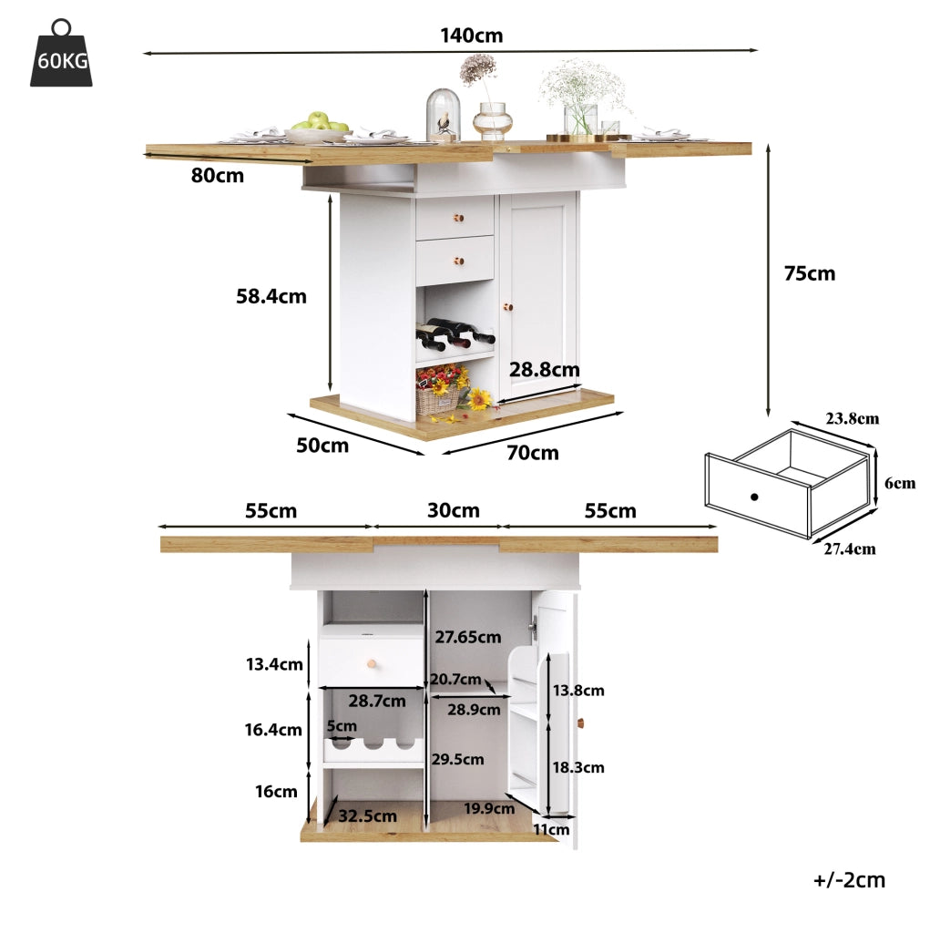 Tavolo da pranzo estensibile 110-140 x 80 x 75 cm in MDF bianco con contenitori