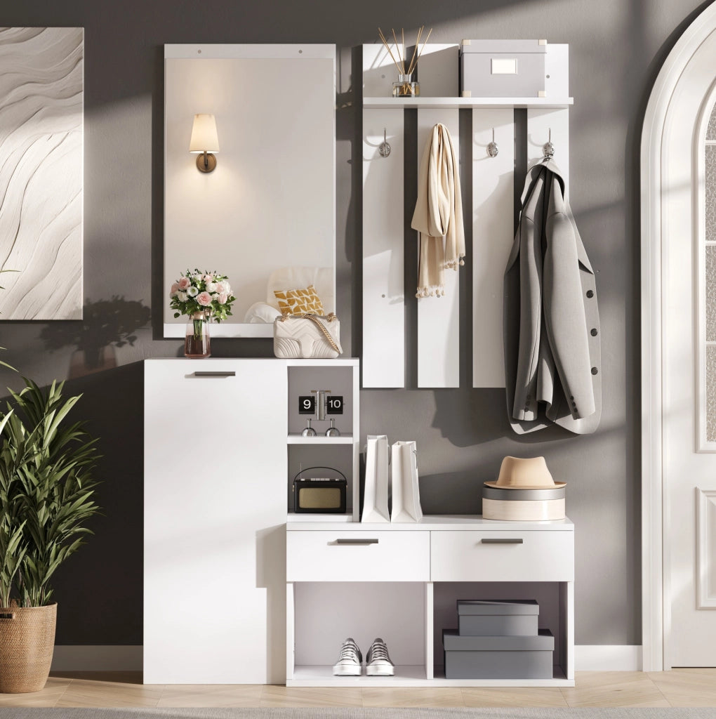 Mobile guardaroba da ingresso con scarpiera; specchio e 2 cassetti; MDF bianco; 120 ¡Á 35 ¡Á 175.5 cm