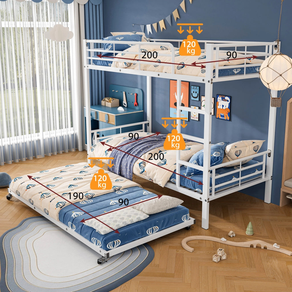 Letto a castello in metallo 90x200 cm con letto estraibile 90x190 e sponde di sicurezza, bianco