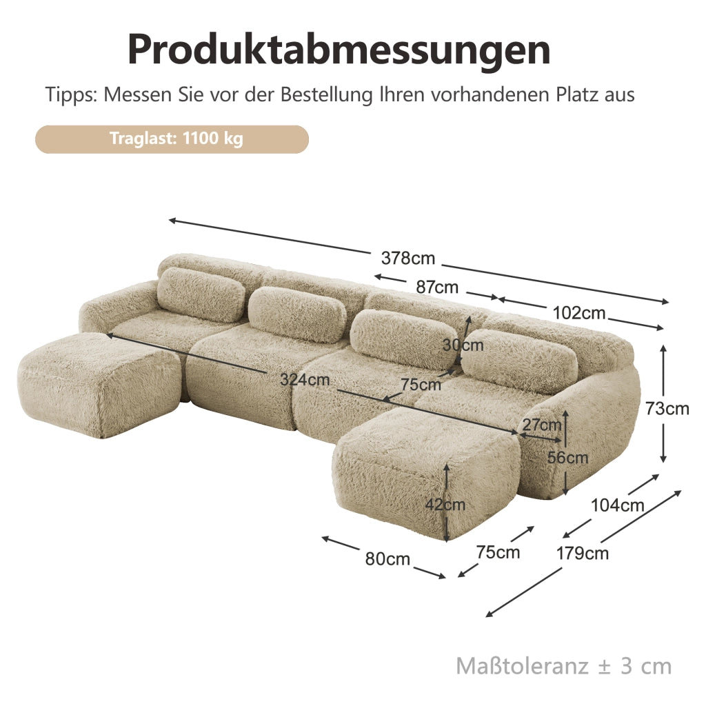 Divano panoramico modulare a U in tessuto peluche kaki chiaro con pouf collegabile e base antiscivolo senza montaggio