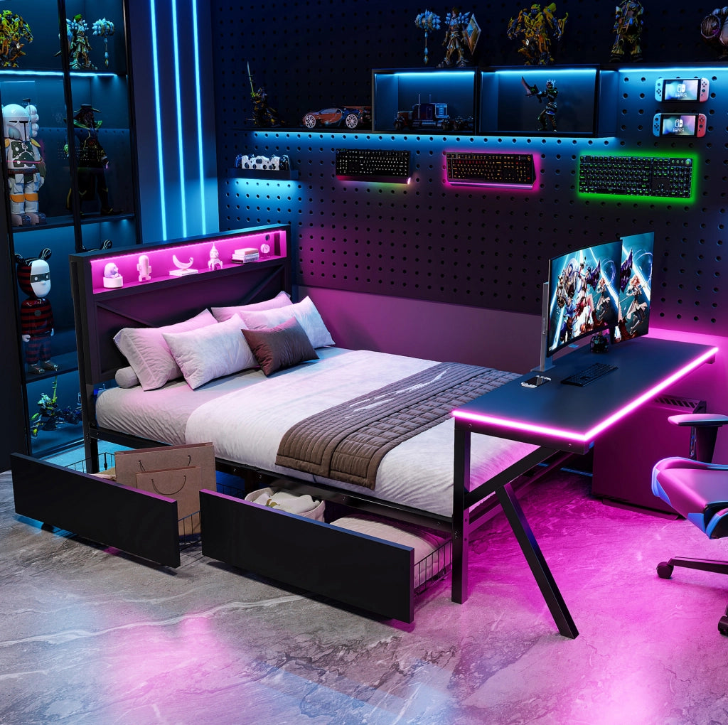 Letto piattaforma gaming 140x200 cm in MDF e metallo nero con LED e contenitori