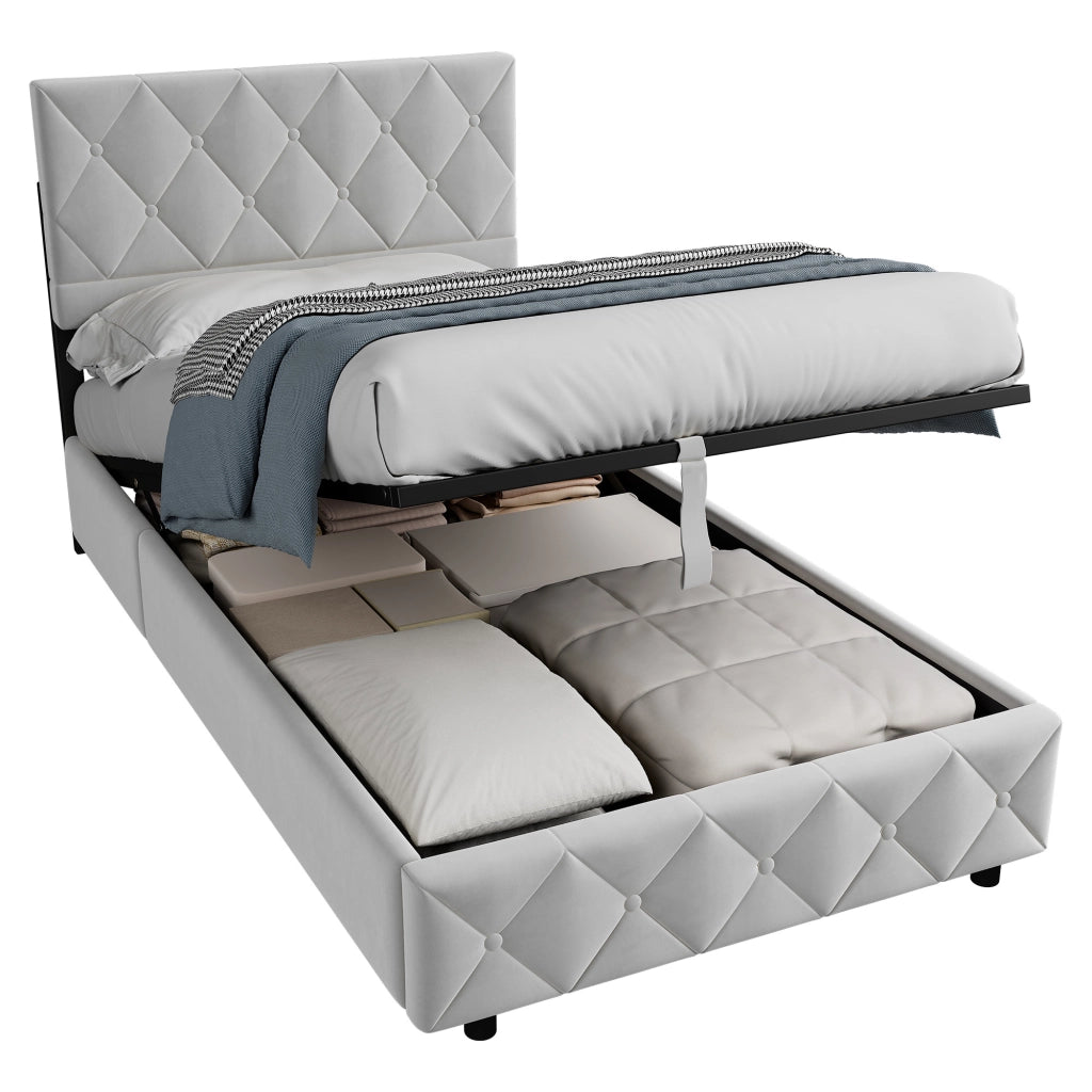 Letto contenitore imbottito grigio in PU 90 × 190 cm