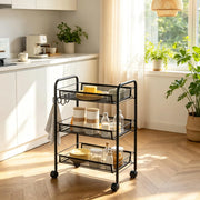 Carrello portatutto a 3 ripiani con cestelli rimovibili in acciaio nero 4 ruote 2 bloccabili 45 × 26.5 × 63 cm