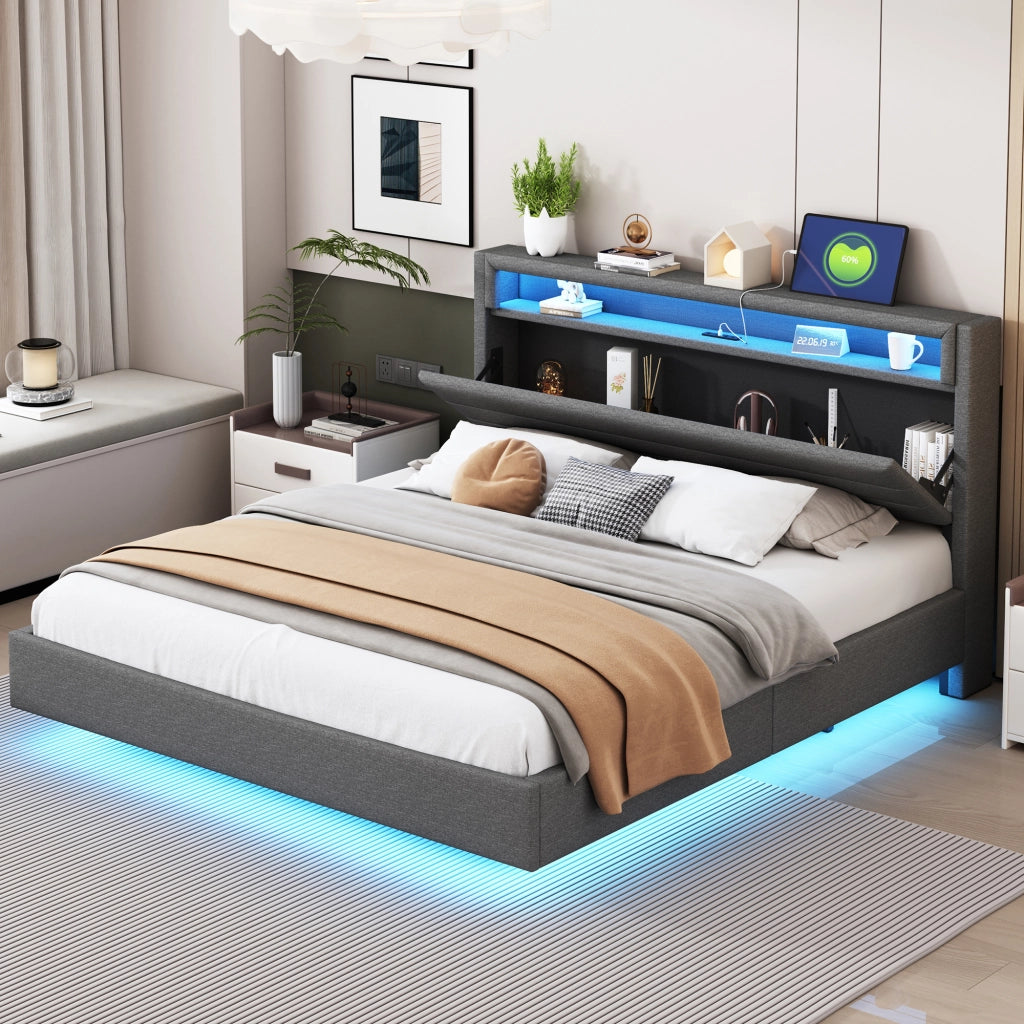 DESMIU Lit adulte 160 × 200 cm con USB, LED, testiera reversibile e piedi nascosti, senza materasso, grigio