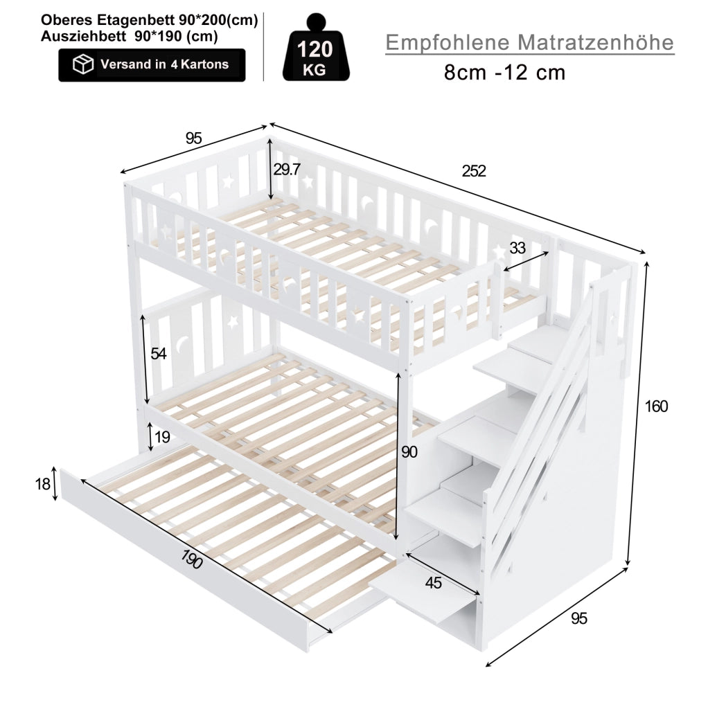 Letto a castello per bambini 90x200 cm bianco in legno con letto estraibile