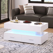 Tavolino da caffè bianco 100x50x44 cm con alzata idraulica, LED integrato, Bluetooth, 2 cassetti e vano aperto