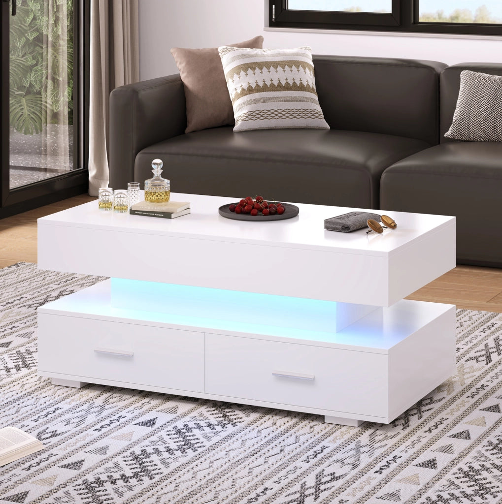 Tavolino da caffè bianco 100x50x44 cm con alzata idraulica, LED integrato, Bluetooth, 2 cassetti e vano aperto