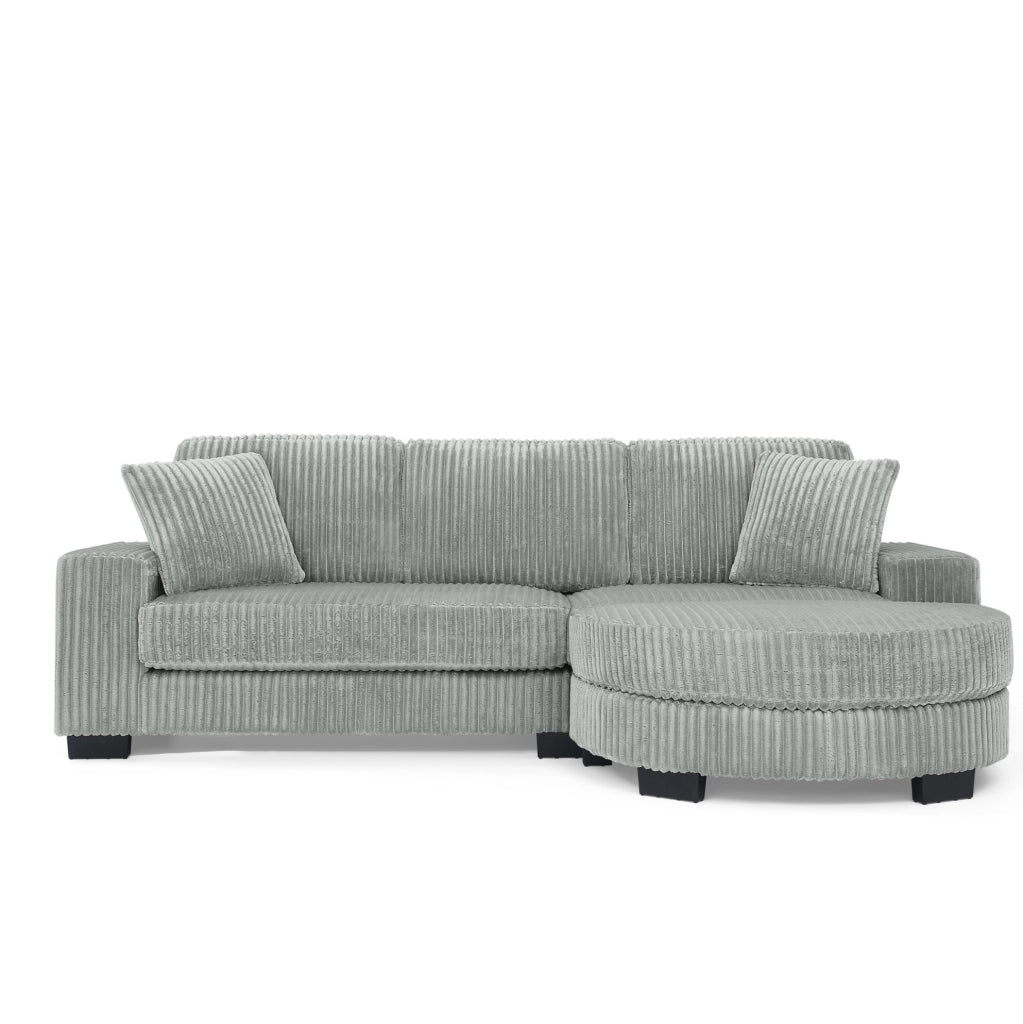 Divano angolare ULEVR 256,5x133,5x89 cm con pouf ovale reversibile, 2 cuscini, velluto a coste grigio