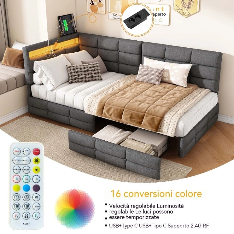 Divano letto multifunzionale 90x200 cm; letto imbottito a L con LED e USB; Letto Singolo con Rete a doghe e Testiera con Contenitore; Lino Grigio