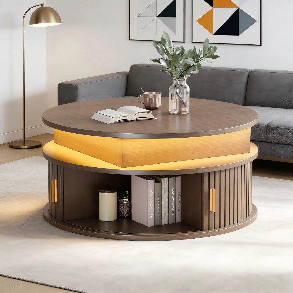 Tavolino da salotto rotondo 75 cm elevabile in MDF color noce con luce LED e vani contenitore