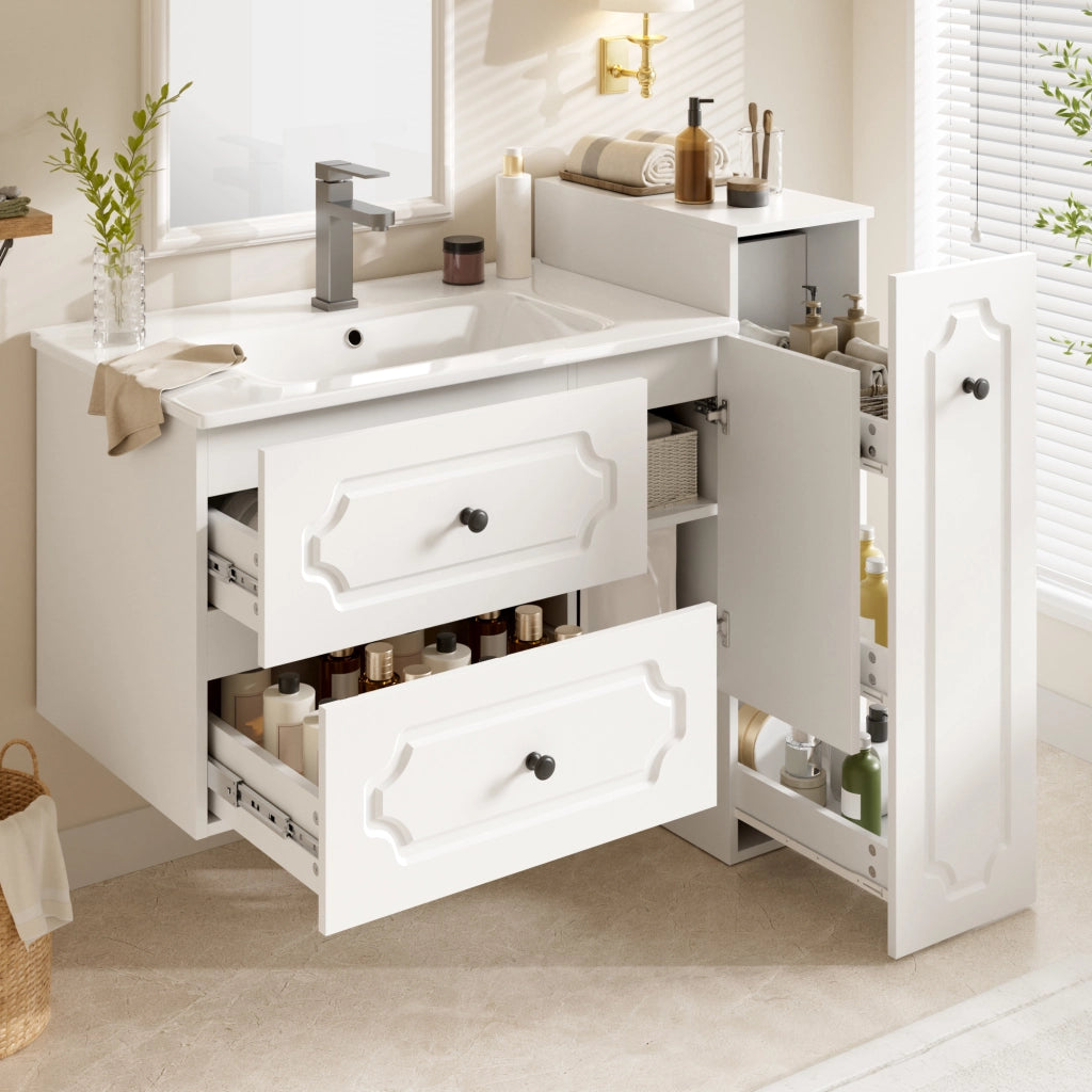 Desviae Mobile da bagno sospeso con lavabo in ceramica due cassetti e colonna laterale bianco 107 × 47,5 × 90,5 cm