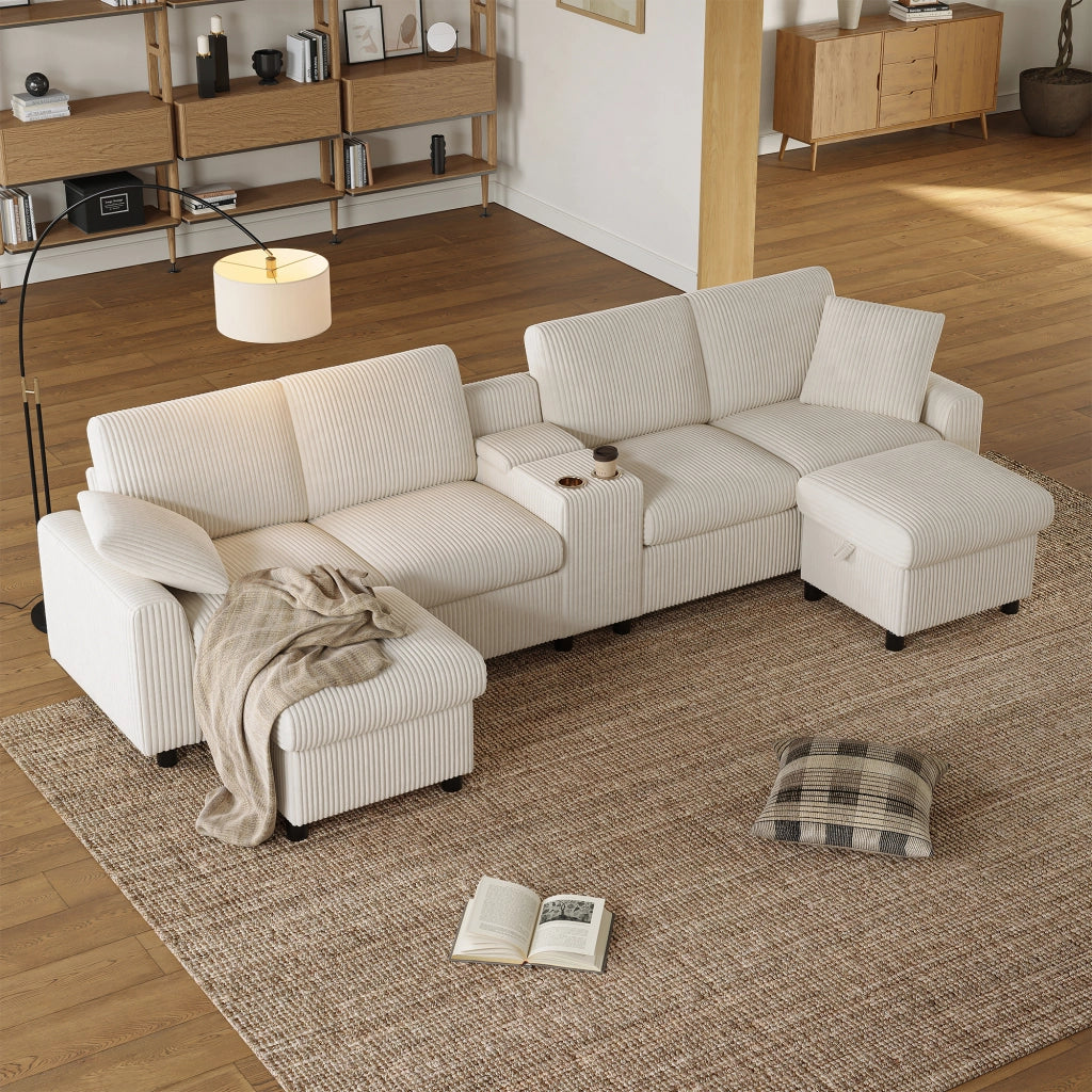 Divano angolare 315 x 135 x 81 cm; pouf 2 tavolino portaoggetti USB prese Type-C; soggiorno; velluto a coste stabile ad alta capacità; beige