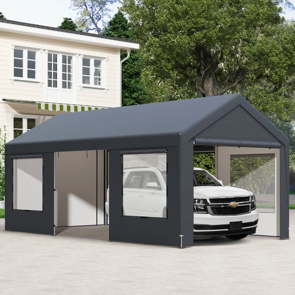 Carport auto per esterno 595x300cm con 8 pareti laterali rimovibili porte scorrevoli, Garage portatile per SUV Grigio scuro