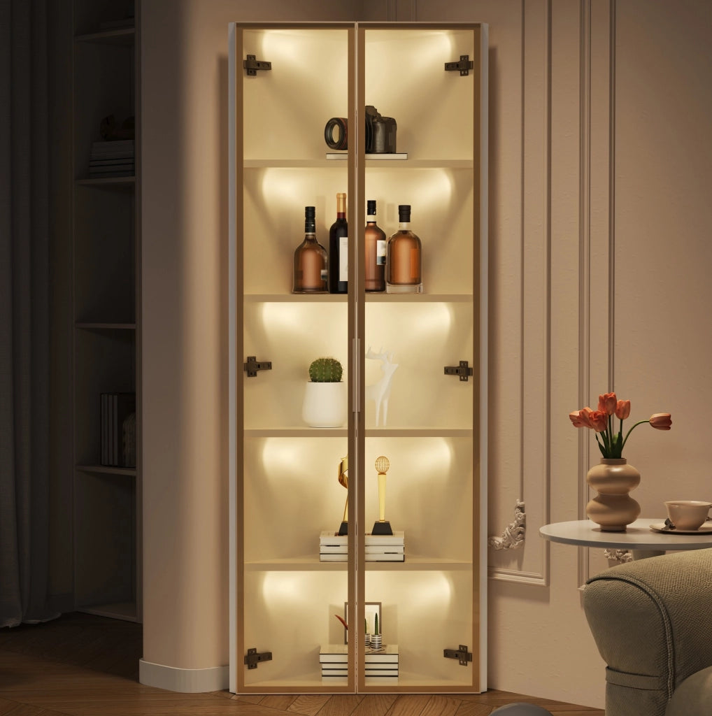 Vetrina angolare 62x35x160 cm con LED integrati; vetro temperato e MDF; bianco