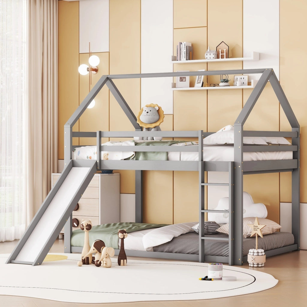 Letto a castello per bambini 140 × 200 cm 4 posti con scivolo e scala; senza materasso; in pino e MDF grigio