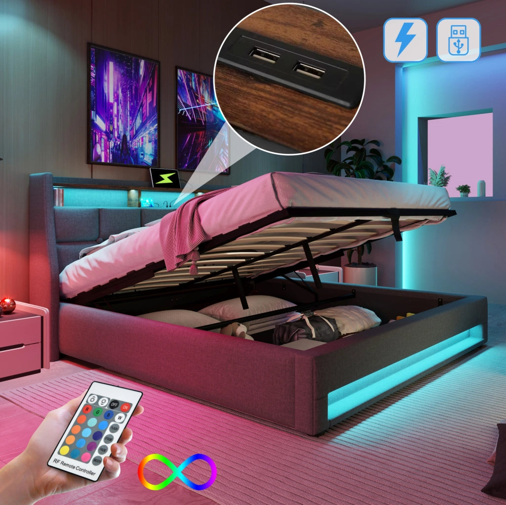 Letto imbottito 140x200 cm con LED e USB, struttura in lino grigio con rete a doghe in metallo e materasso ortopedico a 7 zone H3