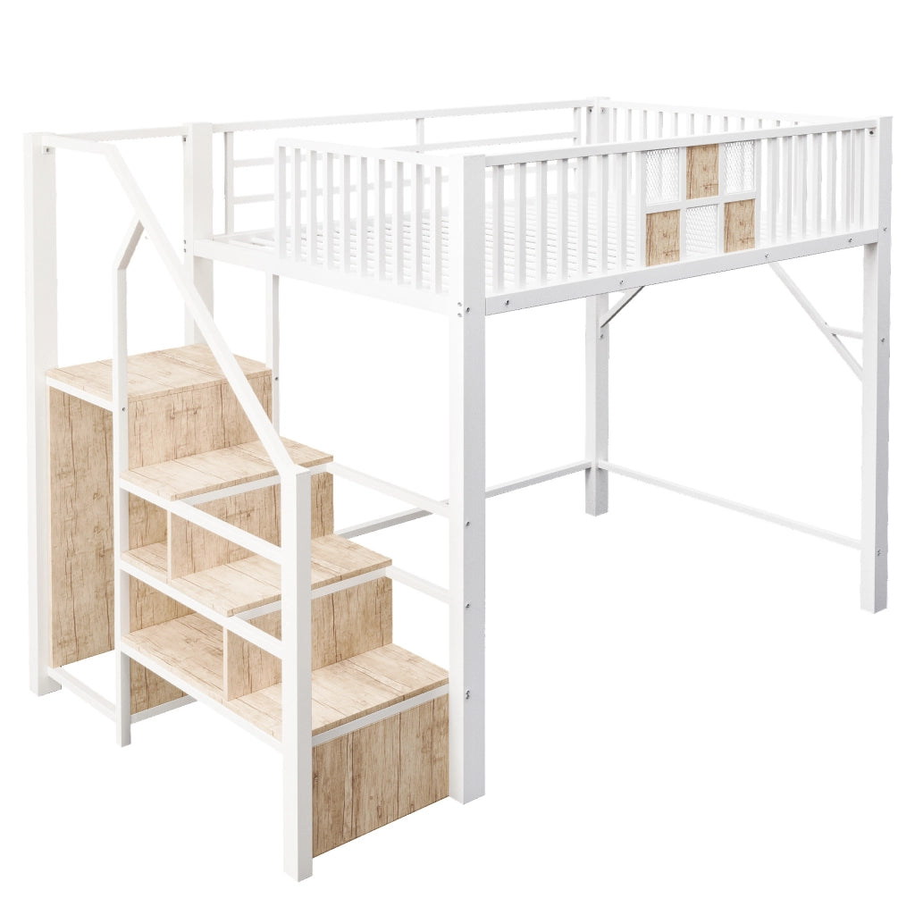 Letto a soppalco 140x200 cm bianco in metallo e legno, armadio e cassetti