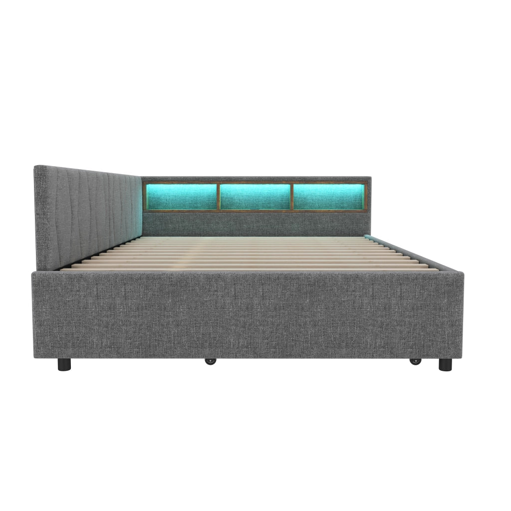 Letto 140x200 cm estraibile con LED, USB e USB-C in lino e MDF grigio