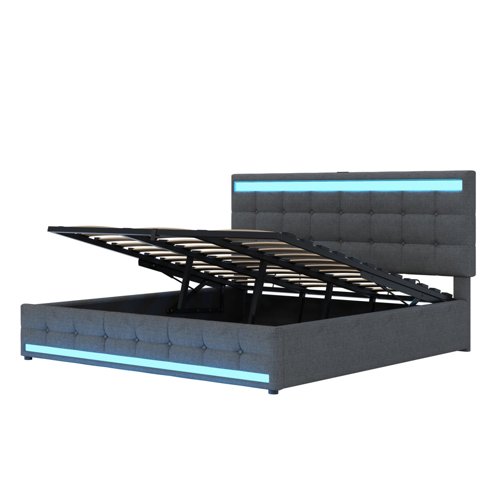 Letto imbottito 180 x 200 cm con contenitore idraulico, porta USB e striscia LED a colori variabili, letto singolo in lino, Grigio