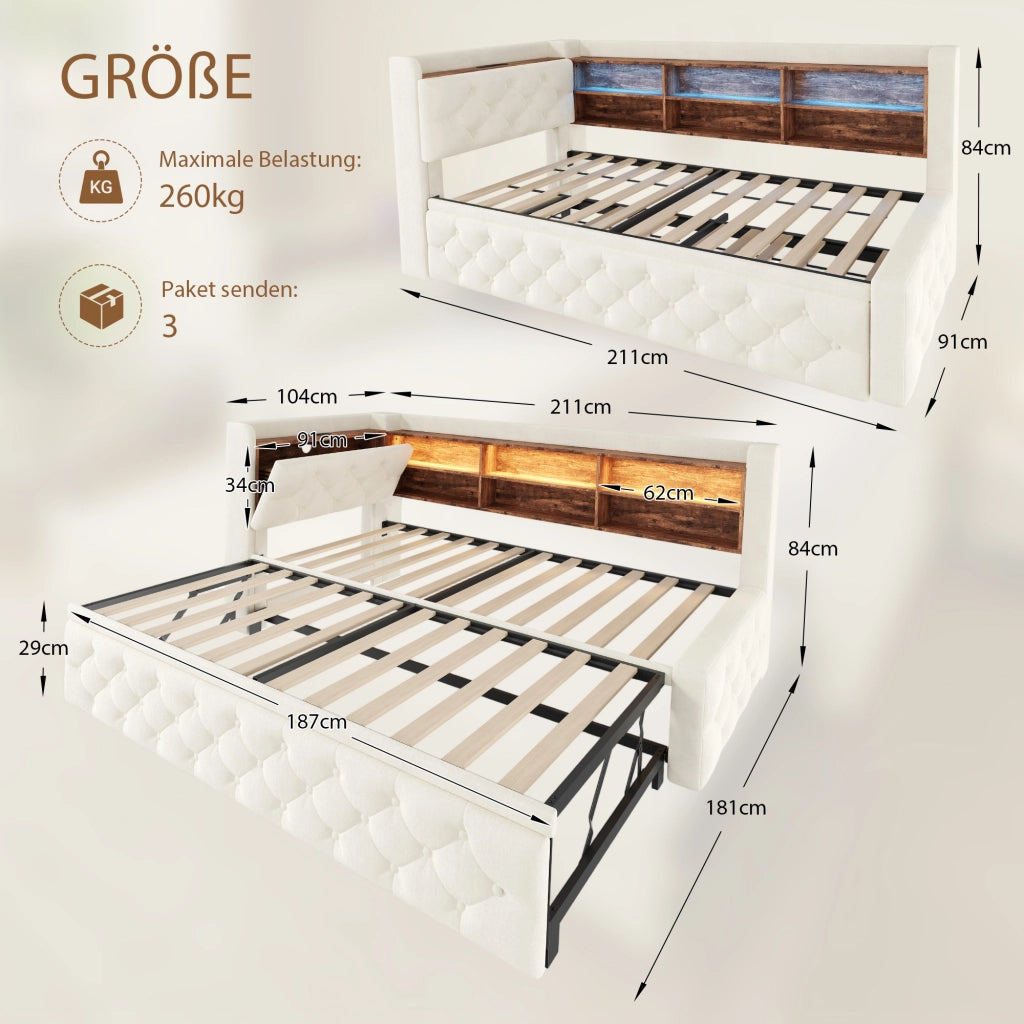 Letto divano estraibile 90 × 190 cm 1 posto con LED, USB, Type-C e vano nel bracciolo, senza materasso, velluto, beige
