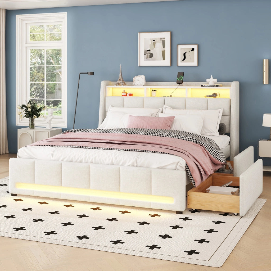 Letto Imbottito 140x200 cm in lino con Cassetti; LED; USB-C Beige