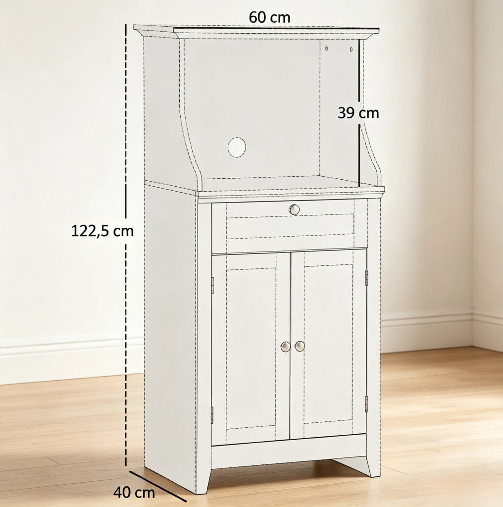Mobiletto da cucina in MDF bianco con anta, cassetto e spazio per microonde 60x40x122,5 cm