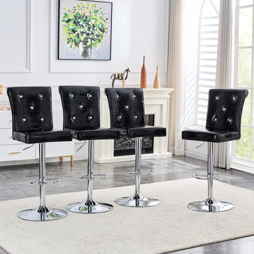 Set di 2 Sgabelli da Bar Regolabili; Schienale con Motivo Coccodrillo e Bottoni Cristallo; PVC; Nero