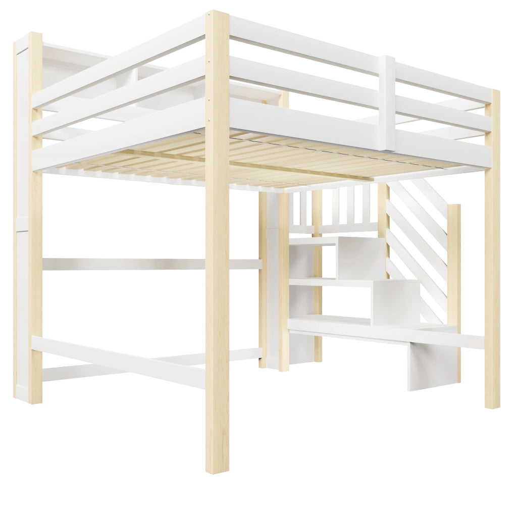 Letto a soppalco 140x200 cm con LED; scala contenitore e vani a giorno bianco naturale