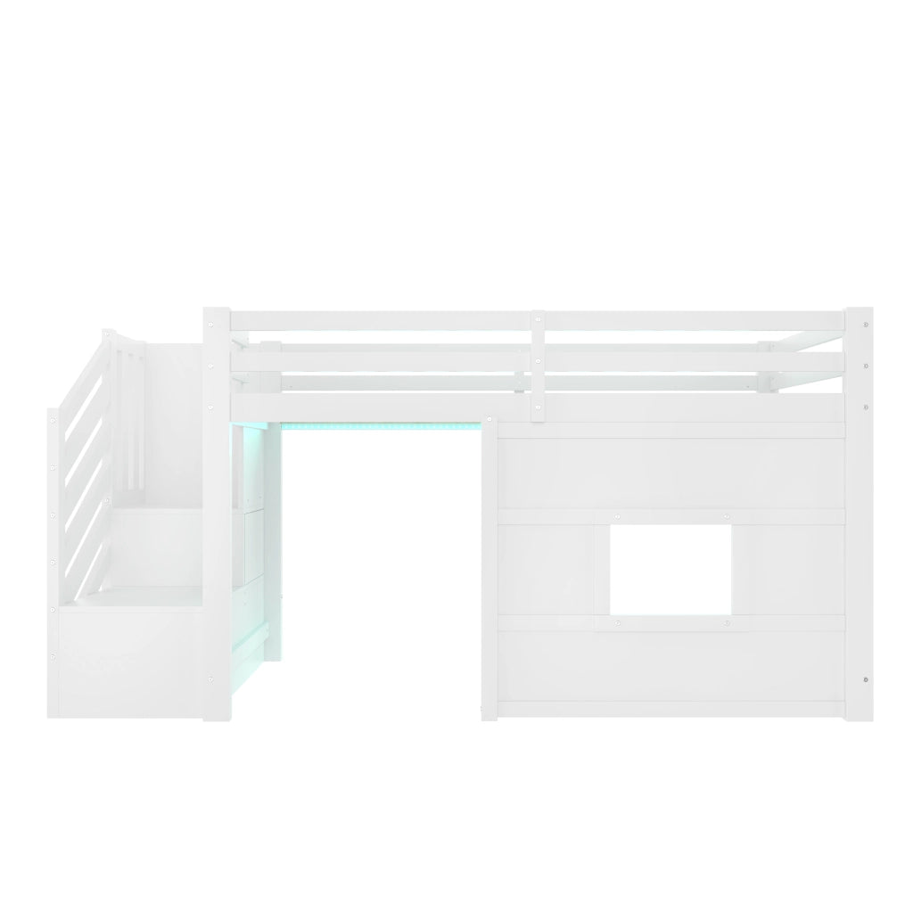 Letto a soppalco 90 x 200 cm con scala contenitore e finestra - Bianco