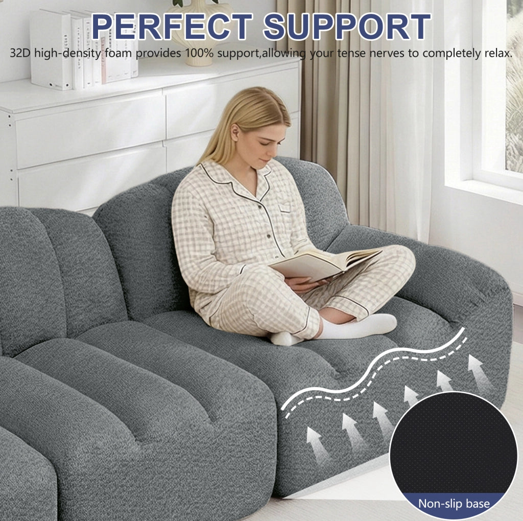 Divano modulare 4 posti con pouf, imbottitura in schiuma ad alta densità 32D, rivestimento in fleece grigio, ideale per soggiorno